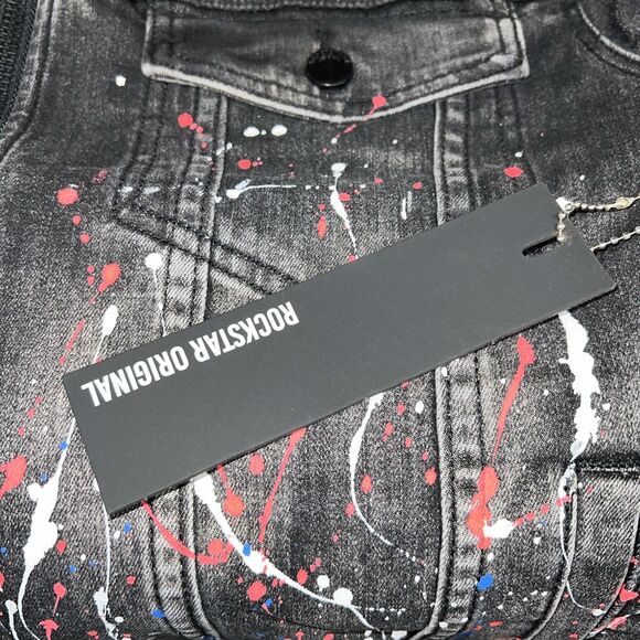ROCKSTAR ORIGINAL Black Painter Splatter Jean Jacket Stretch Distressed Size Med - Picture 3 of 9
